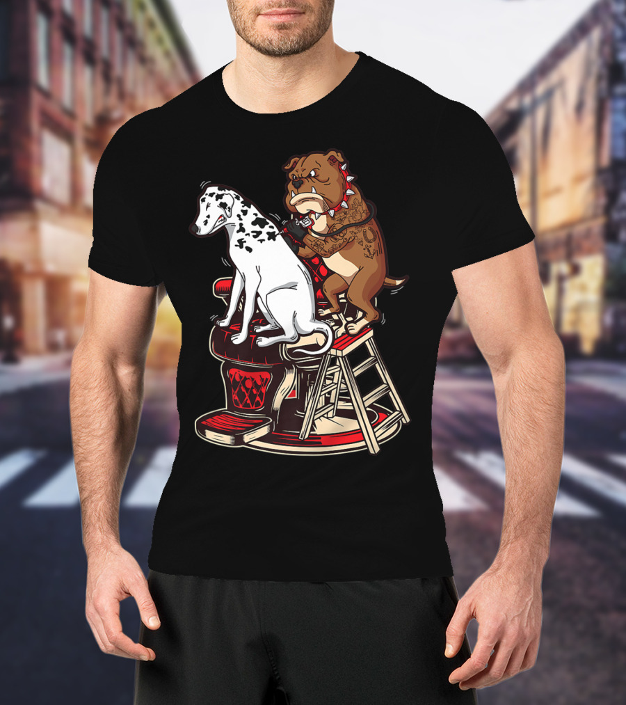 Dalmatian And Tattoo Artist Bulldog On Barber Chair T-Shirt
