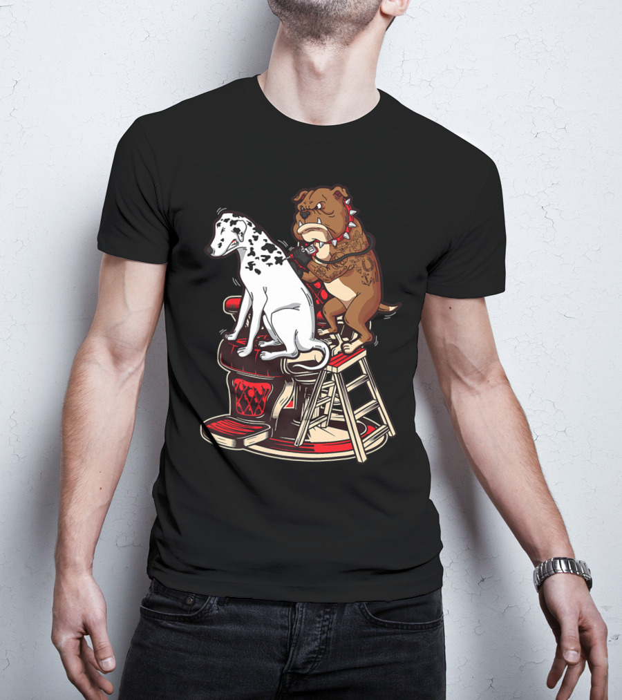 Dalmatian And Tattoo Artist Bulldog On Barber Chair T-Shirt