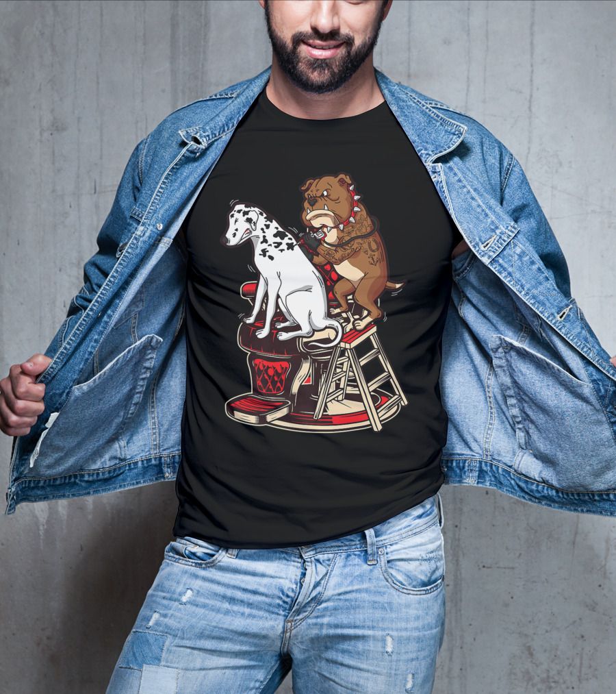Dalmatian And Tattoo Artist Bulldog On Barber Chair T-Shirt