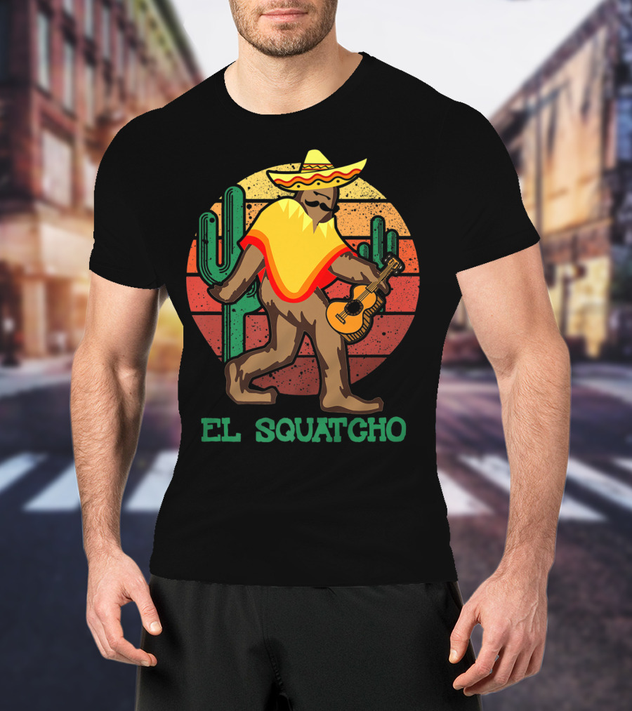 El Squatcho Mexican Sasquatch Bigfoot Cinco De Mayo Cactus Sunset Sombrero Guitar T-Shirt