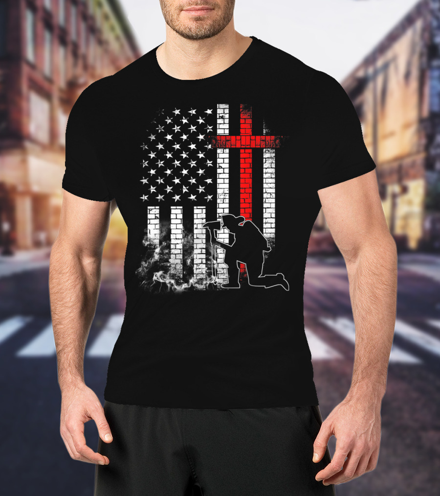 Fireman Kneeling With Axe Over American Flag And Thin Red Line Cross T-Shirt