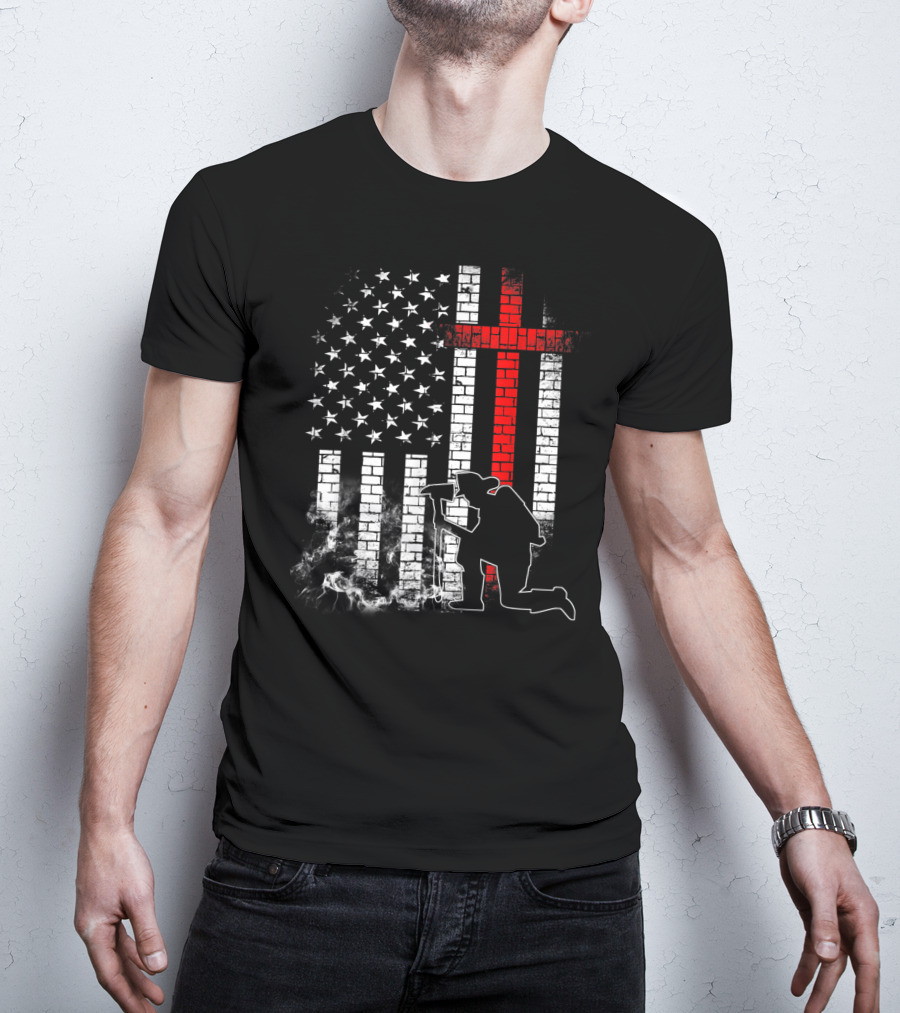 Fireman Kneeling With Axe Over American Flag And Thin Red Line Cross T-Shirt
