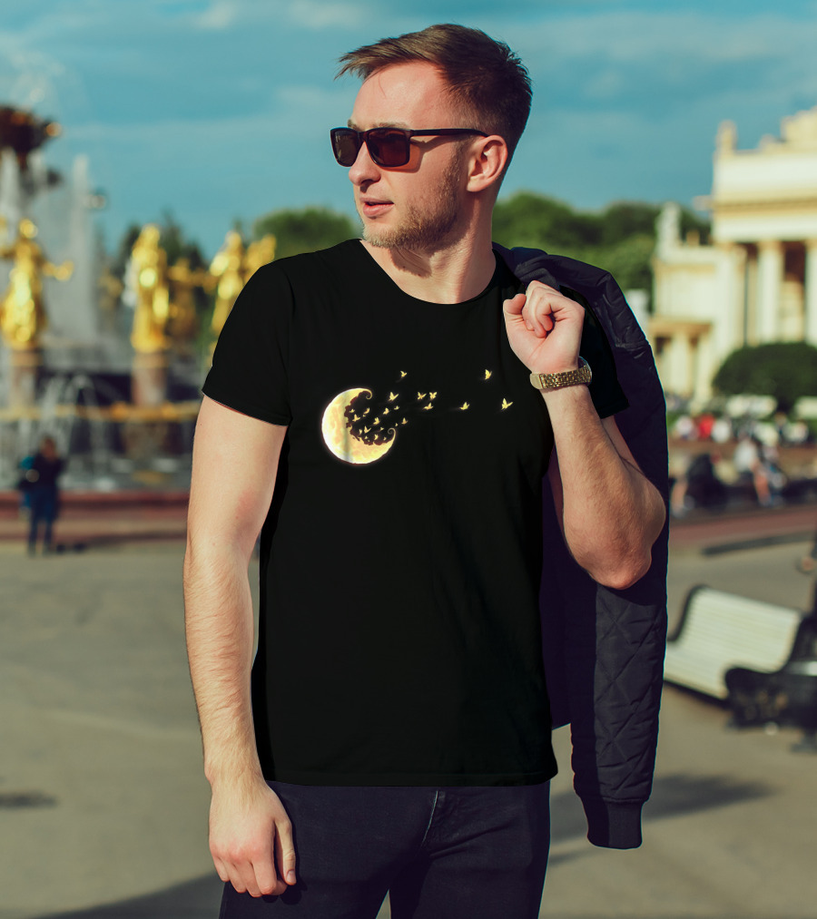 Flying Butterflies From Rainbow Crescent Moon T-Shirt