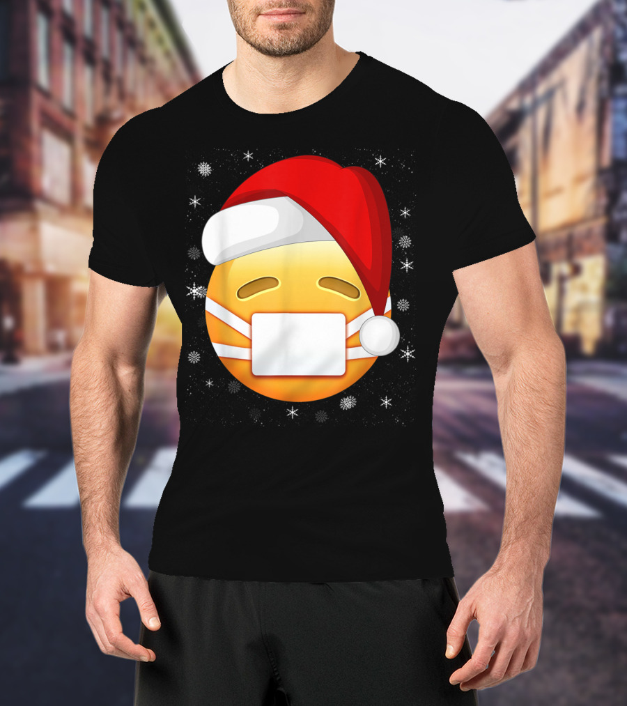 Funny Face With Medical Mask Emojis Santa Hat Snowflakes T-Shirt