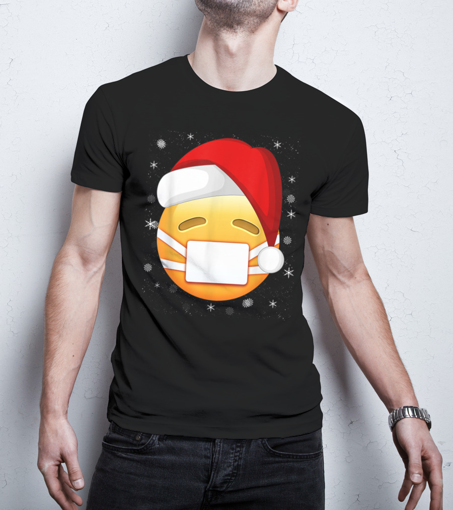 Funny Face With Medical Mask Emojis Santa Hat Snowflakes T-Shirt