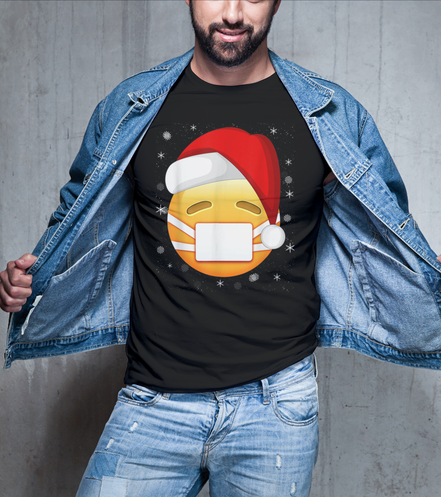 Funny Face With Medical Mask Emojis Santa Hat Snowflakes T-Shirt
