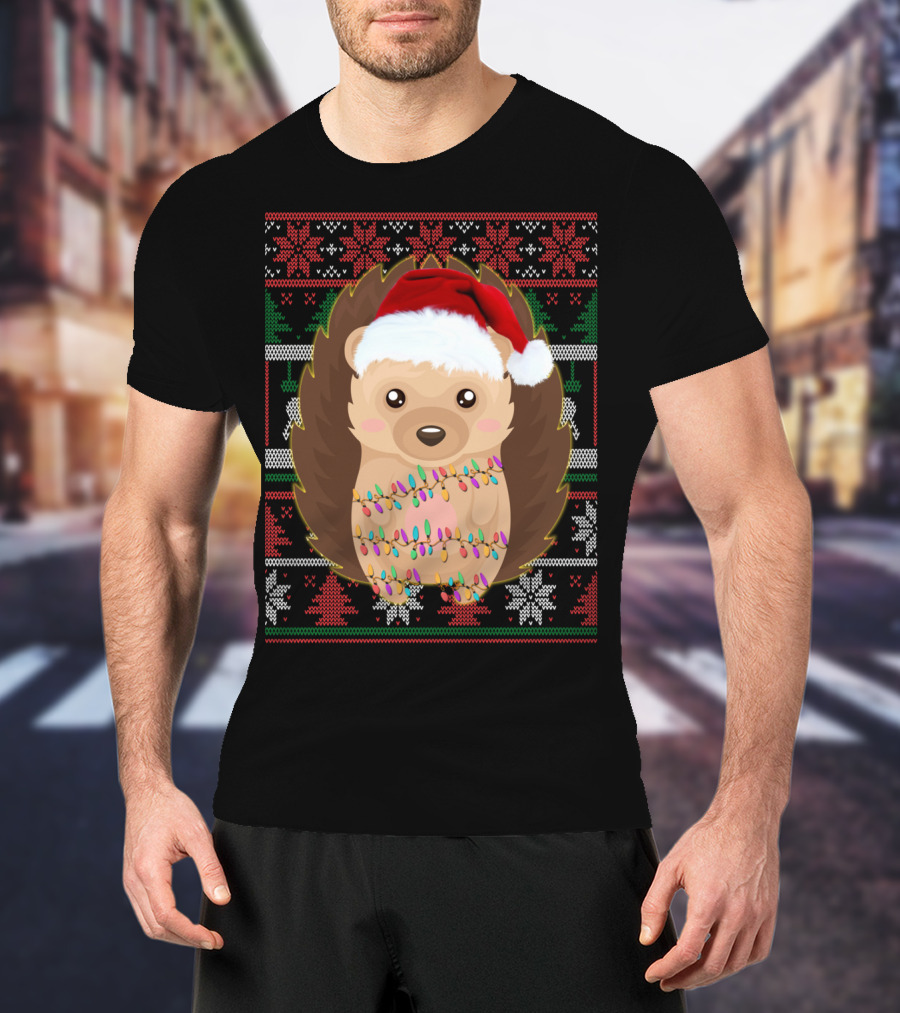 Funny Christmas Hedgehog Ugly Sweater Lights T-Shirt