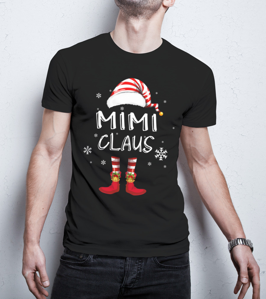 Mimi Claus Santa Hat Elf Boots Snowflakes Grandma T-Shirt