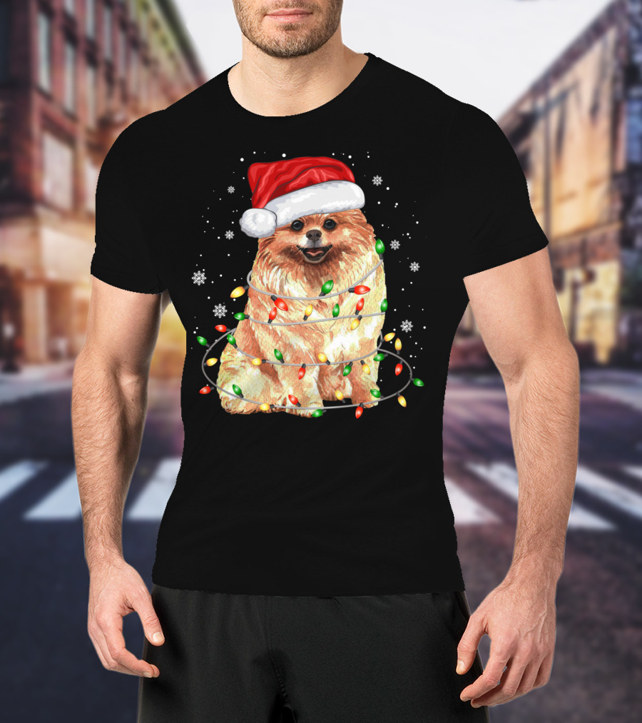 Pomeranian In Santa Hat With Christmas Lights And Snowflakes T-Shirt