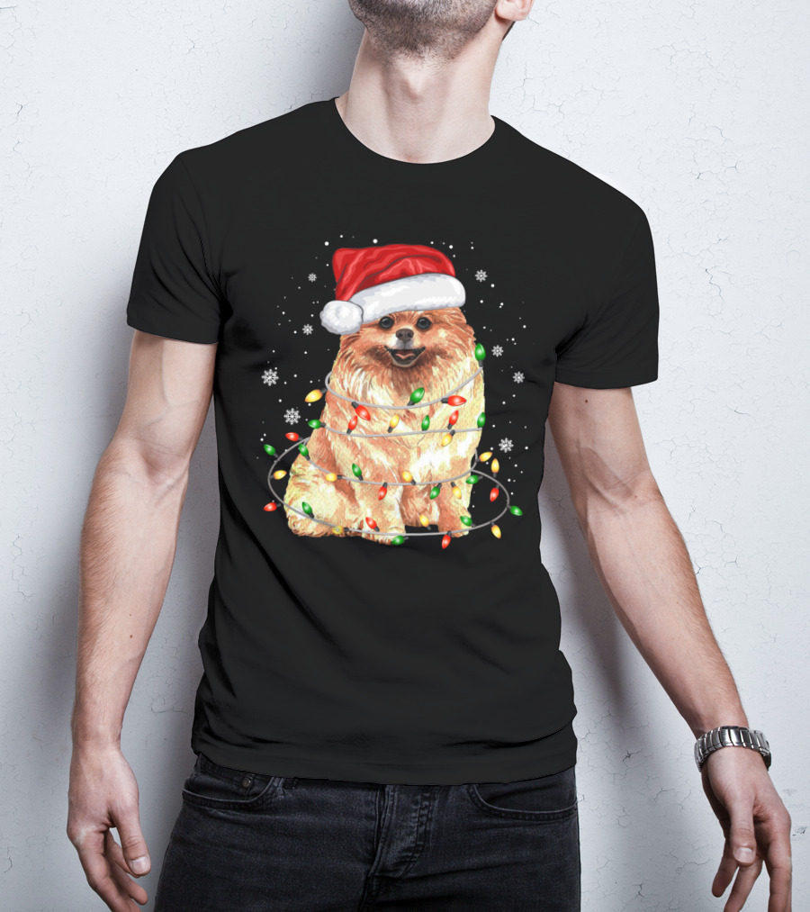 Pomeranian In Santa Hat With Christmas Lights And Snowflakes T-Shirt