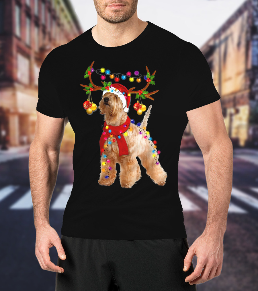 Wheaten Terrier Santa Reindeer With Festive Christmas Lights T-Shirt