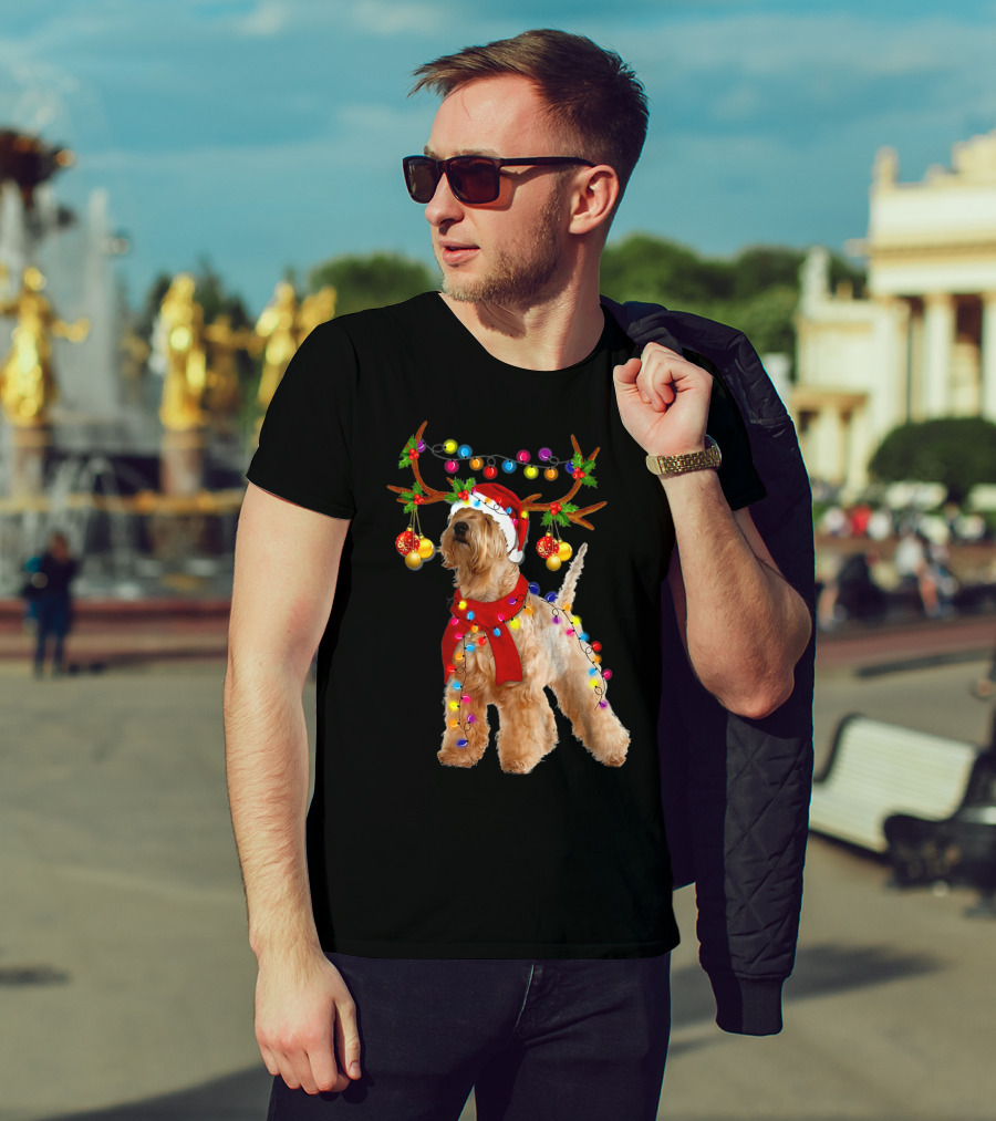 Wheaten Terrier Santa Reindeer With Festive Christmas Lights T-Shirt