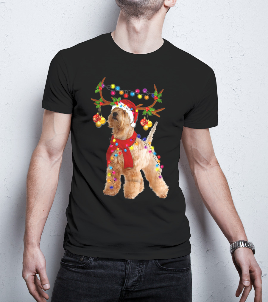 Wheaten Terrier Santa Reindeer With Festive Christmas Lights T-Shirt