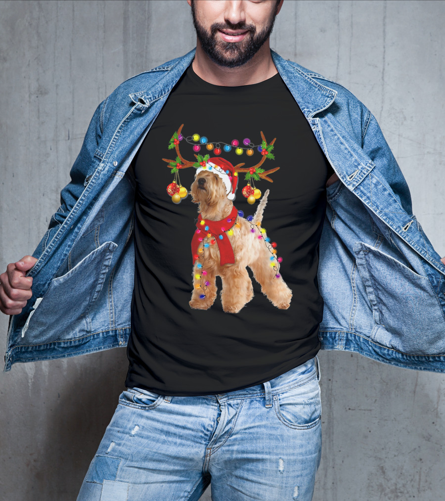 Wheaten Terrier Santa Reindeer With Festive Christmas Lights T-Shirt