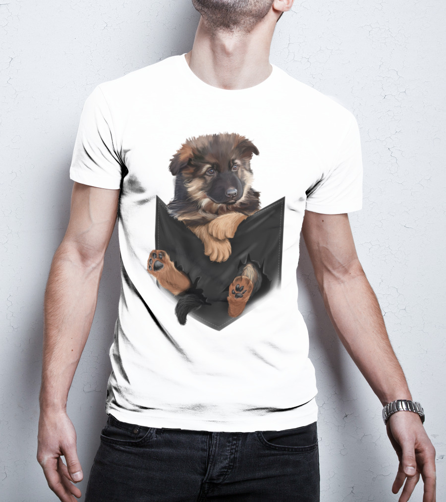 German Shepherd Puppy In Black Pocket T-Shirt