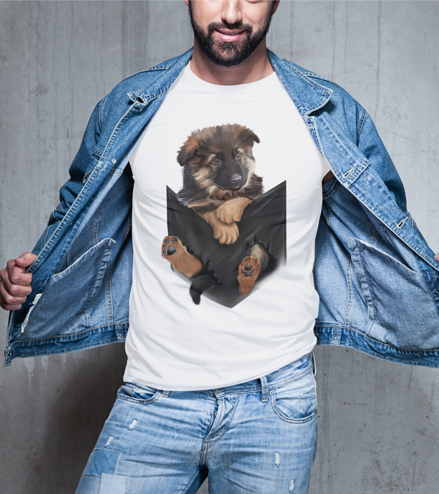 German Shepherd Puppy In Black Pocket T-Shirt