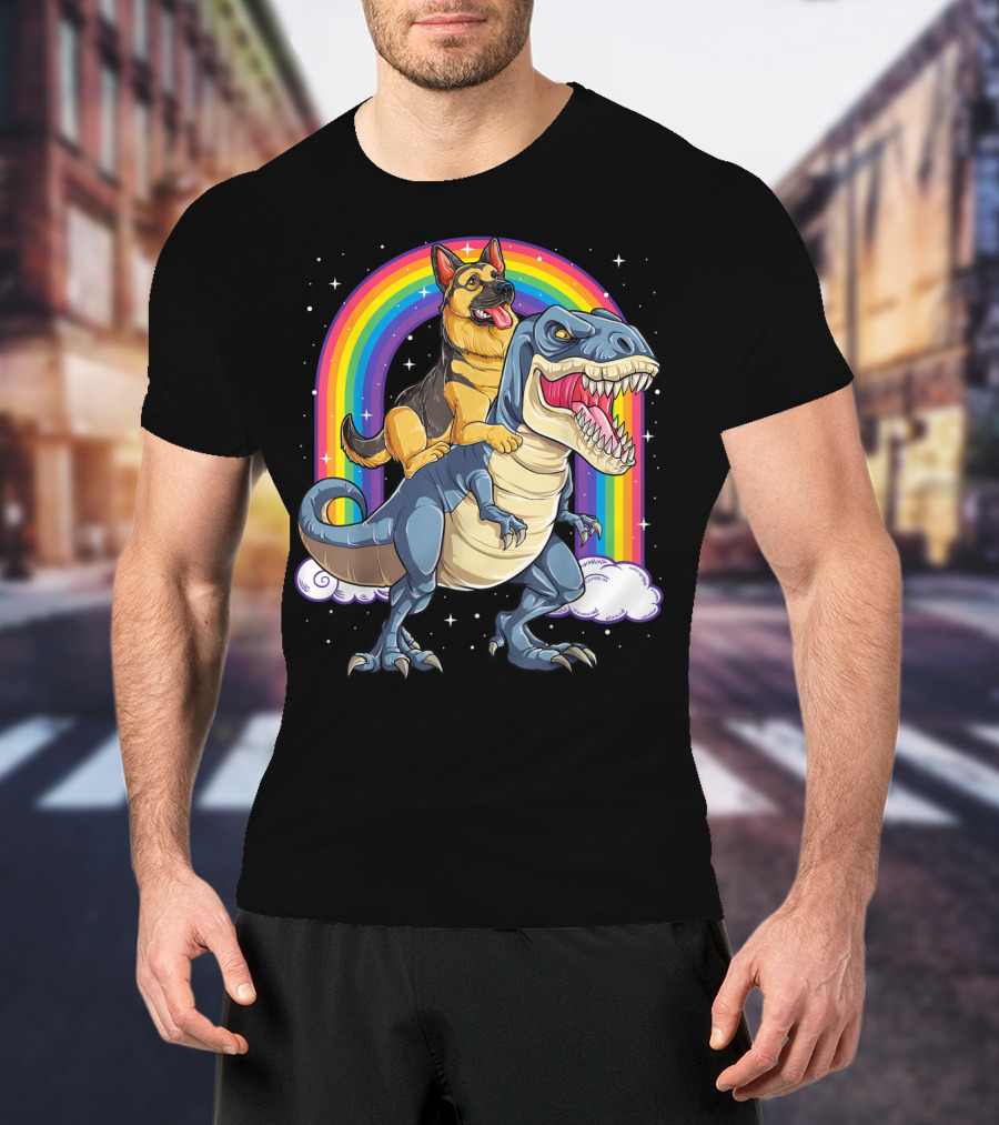 German Shepherd Riding Dinosaur Rex With Rainbow And Stars T-Shirt
