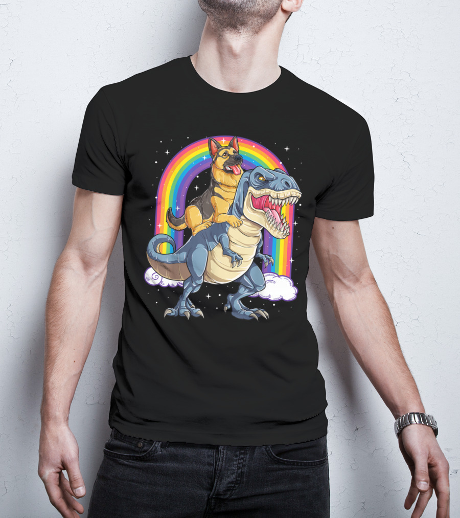 German Shepherd Riding Dinosaur Rex With Rainbow And Stars T-Shirt