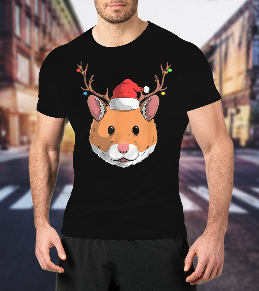 Hamster With Santa Claus Hat And Reindeer Antlers Christmas Holiday T-Shirt