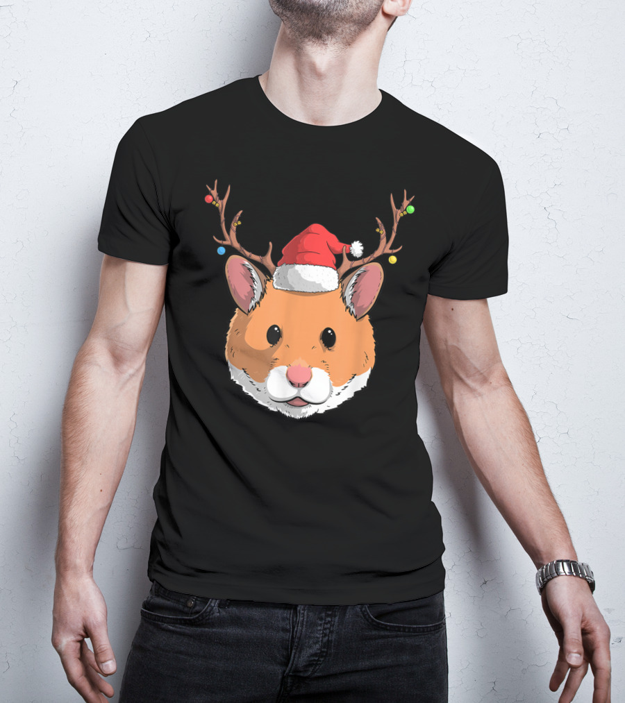 Hamster With Santa Claus Hat And Reindeer Antlers Christmas Holiday T-Shirt