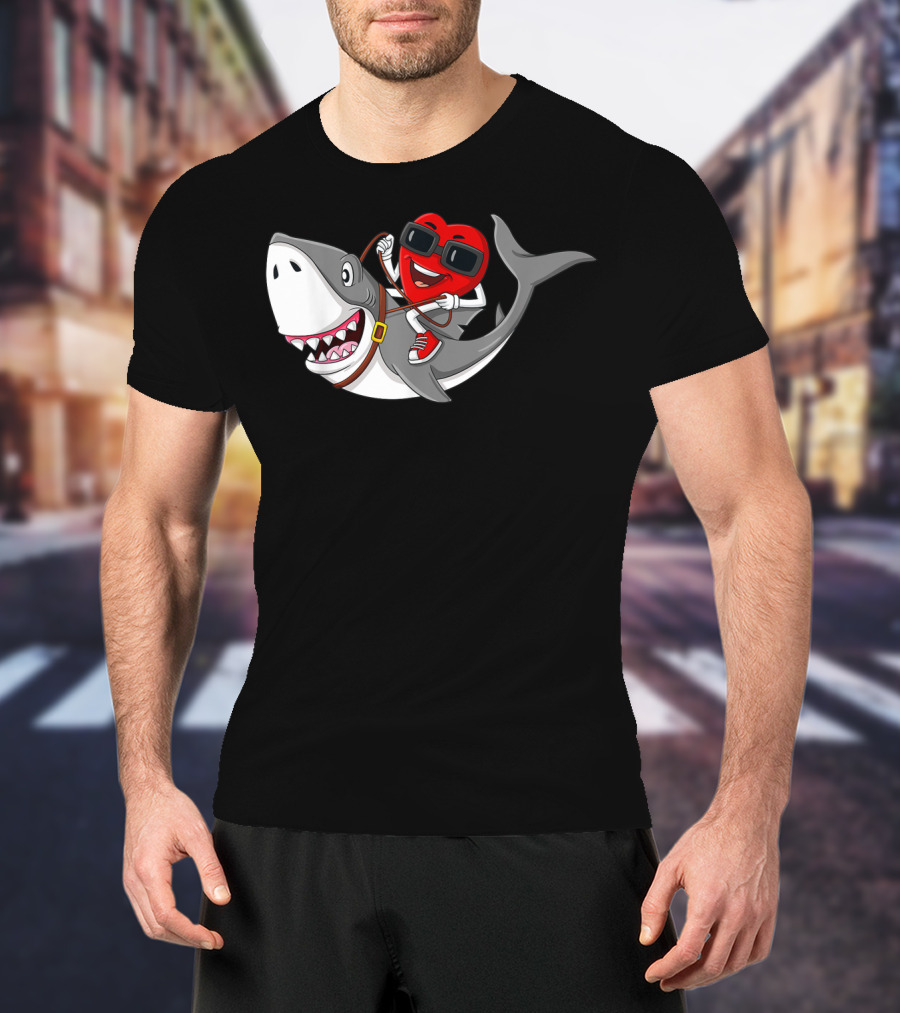 Heart Riding Shark Valentine's Day Adventure T-Shirt
