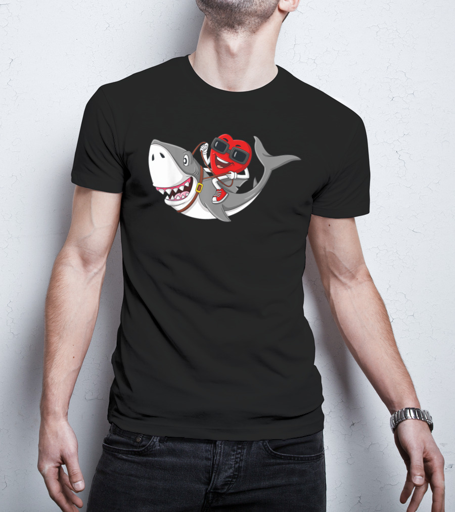 Heart Riding Shark Valentine's Day Adventure T-Shirt