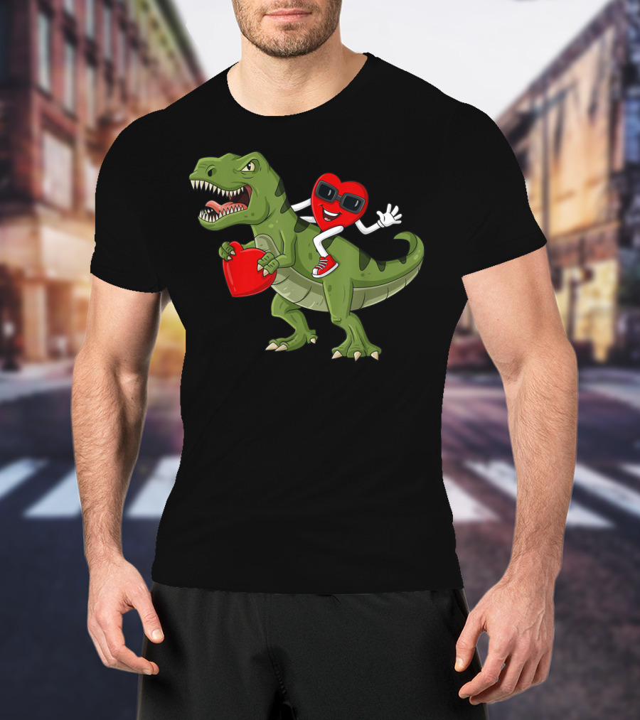 Heart Riding T-Rex Holding Valentines Day Hearts T-Shirt