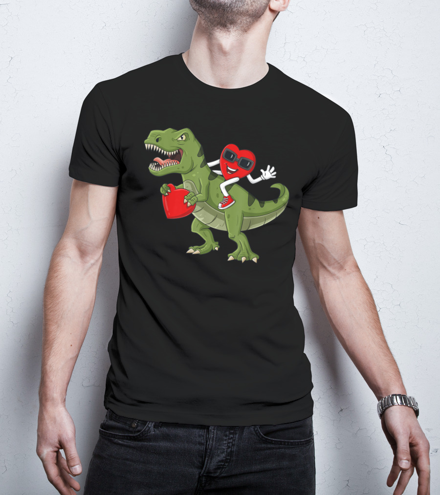 Heart Riding T-Rex Holding Valentines Day Hearts T-Shirt