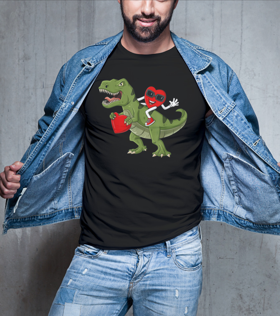 Heart Riding T-Rex Holding Valentines Day Hearts T-Shirt