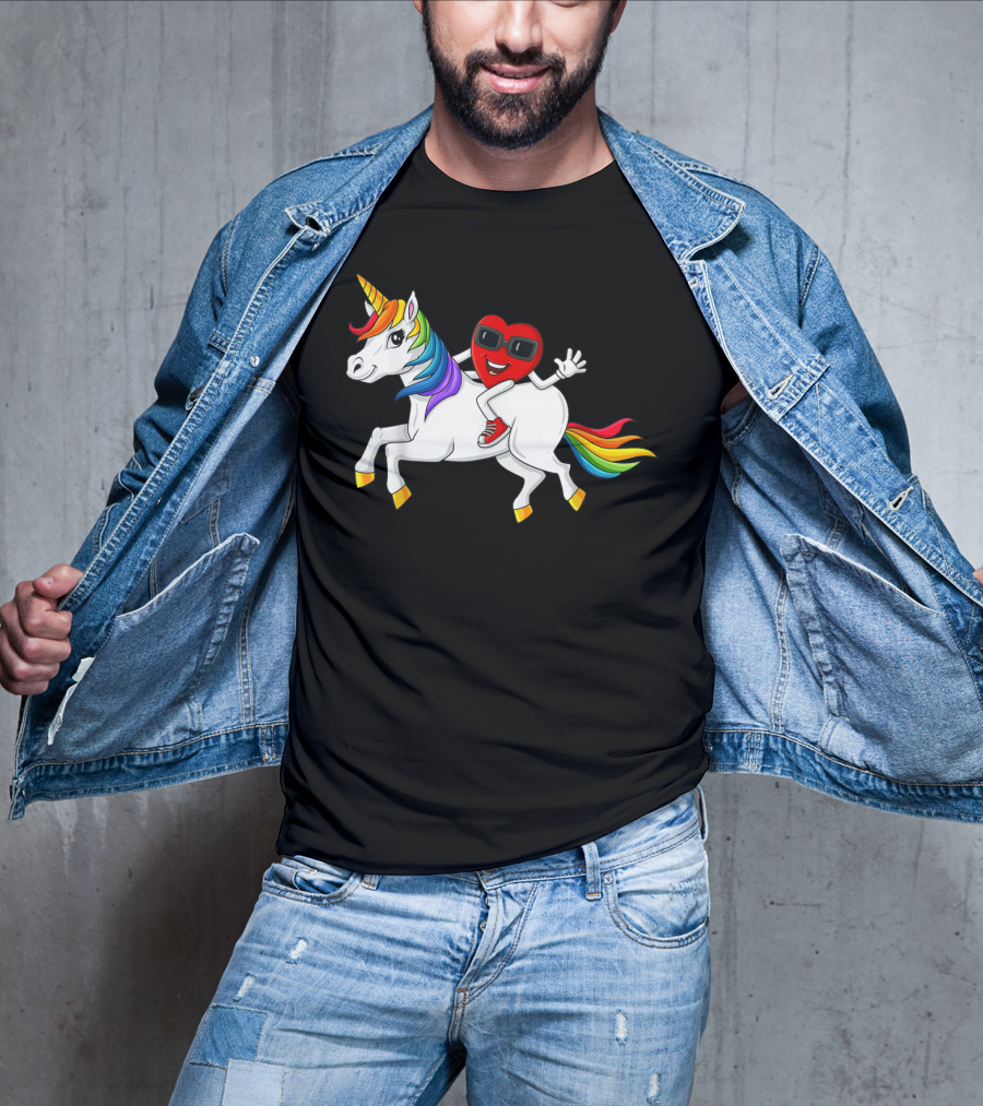 Heart Riding Rainbow Unicorn With Sunglasses And Sneakers T-Shirt
