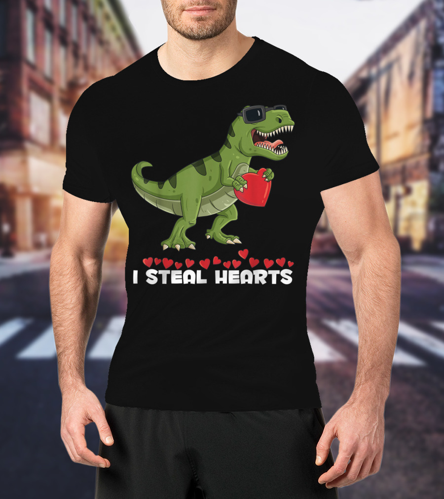 I Steal Hearts Dinosaur With Sunglasses Holding Red Heart Valentines Day T-Shirt