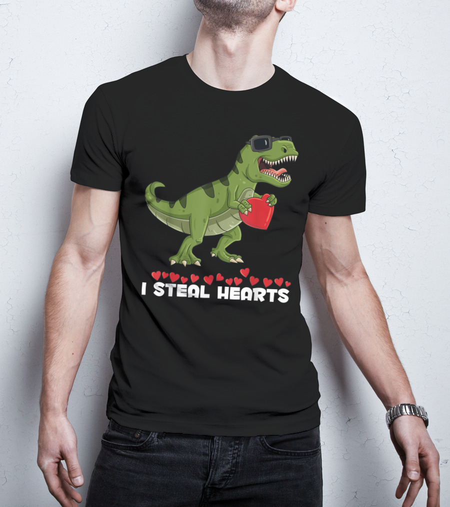 I Steal Hearts Dinosaur With Sunglasses Holding Red Heart Valentines Day T-Shirt