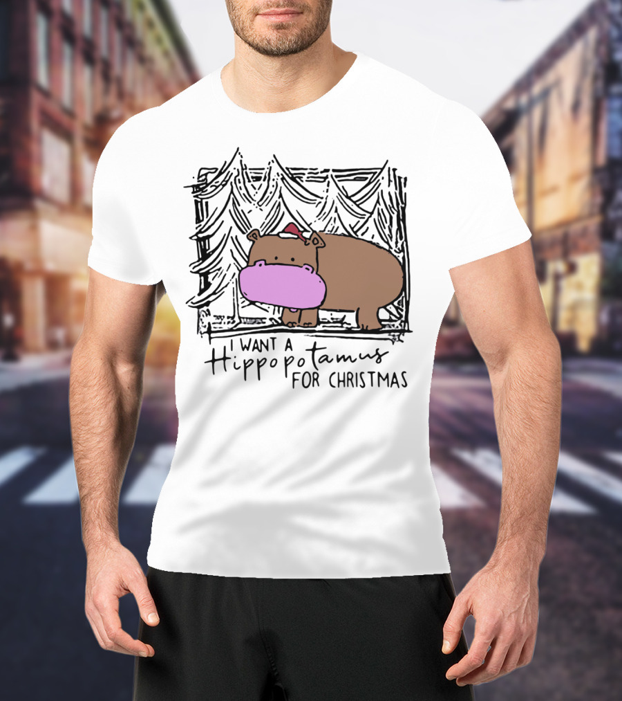 I Want A Hippopotamus For Christmas Hippo Santa Hat Festive T-Shirt