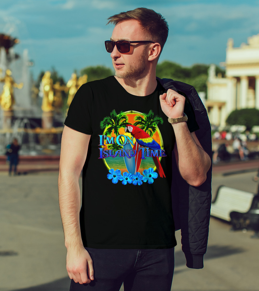 I'm On Island Time Parrot With Surfboards And Palm Trees Tropical Beach T-Shirt