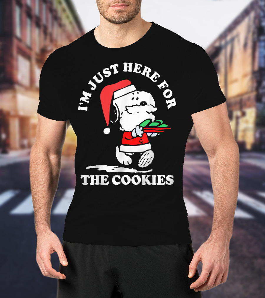 I'm Just Here For The Cookies Santa Hat Dog Carrying Christmas Cookies T-Shirt