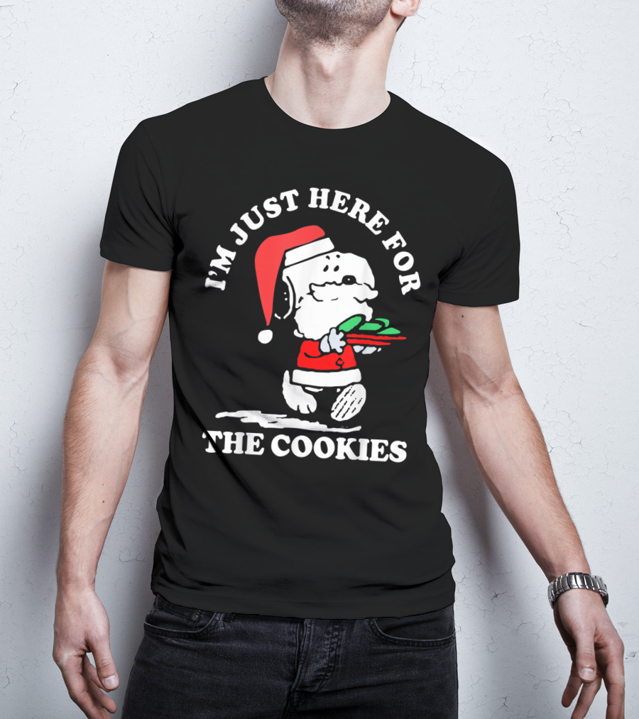 I'm Just Here For The Cookies Santa Hat Dog Carrying Christmas Cookies T-Shirt