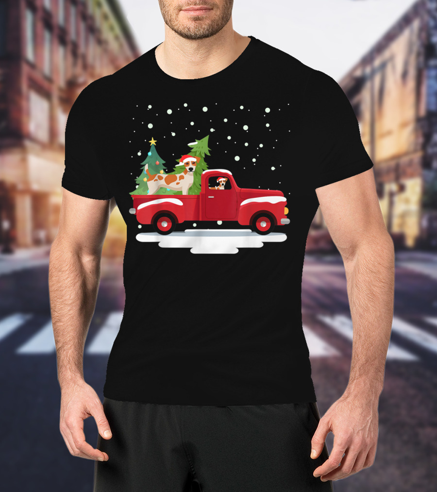 Jack Russell Terrier Santa Christmas Truck Holiday Scene Snowflakes And Trees T-Shirt