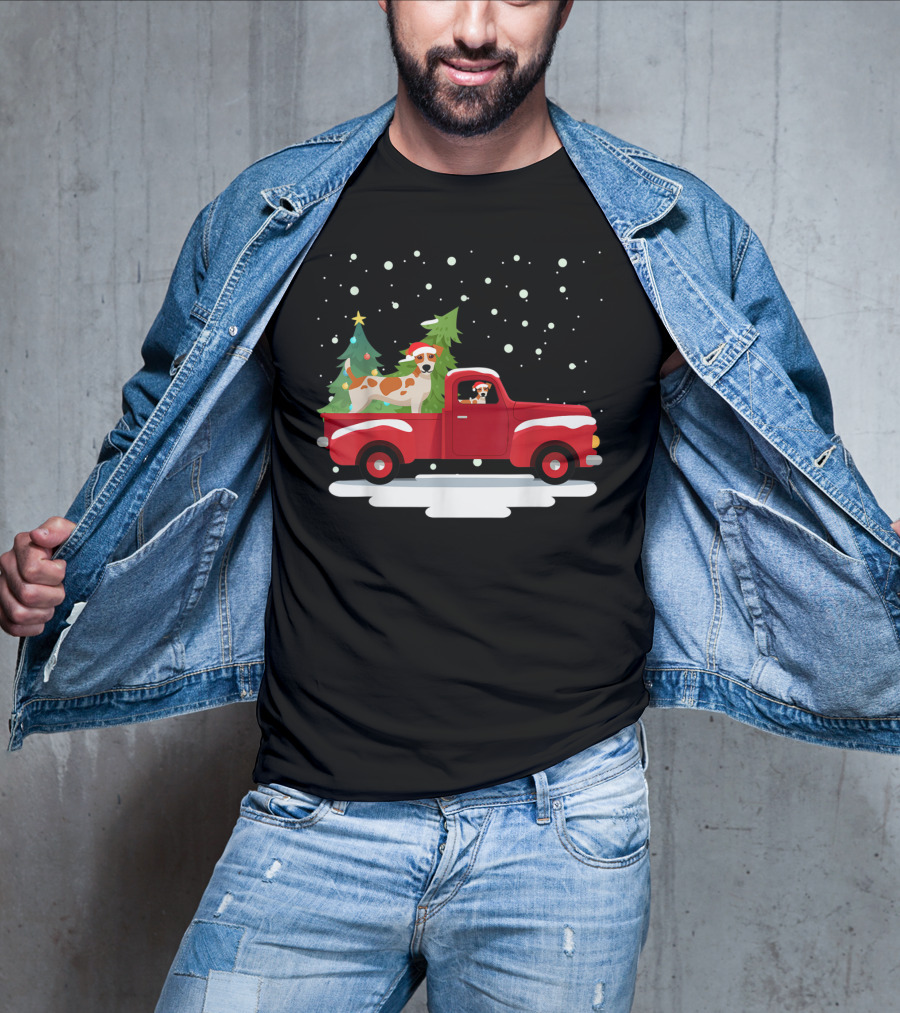 Jack Russell Terrier Santa Christmas Truck Holiday Scene Snowflakes And Trees T-Shirt