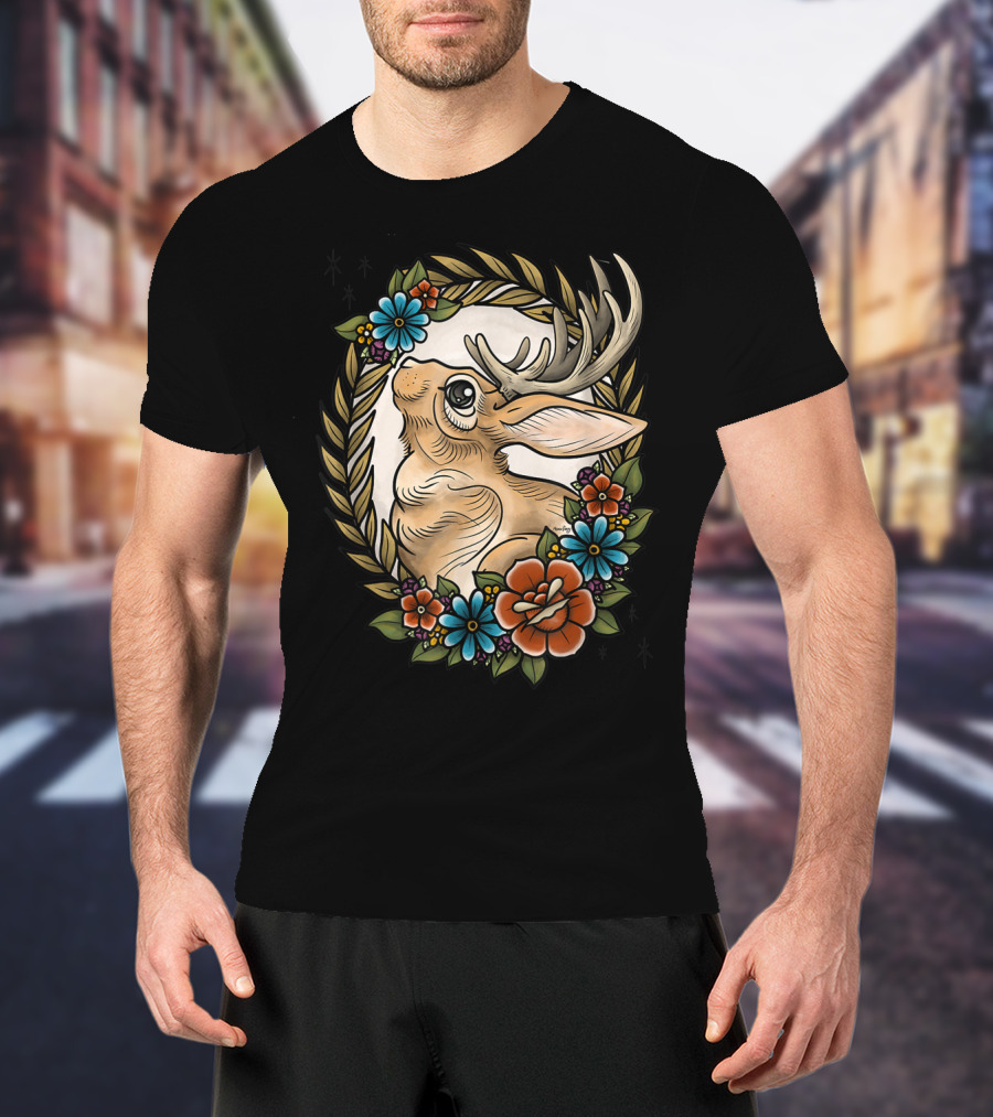 Jackalope Surrounded By Colorful Flowers And Leaves T-Shirt