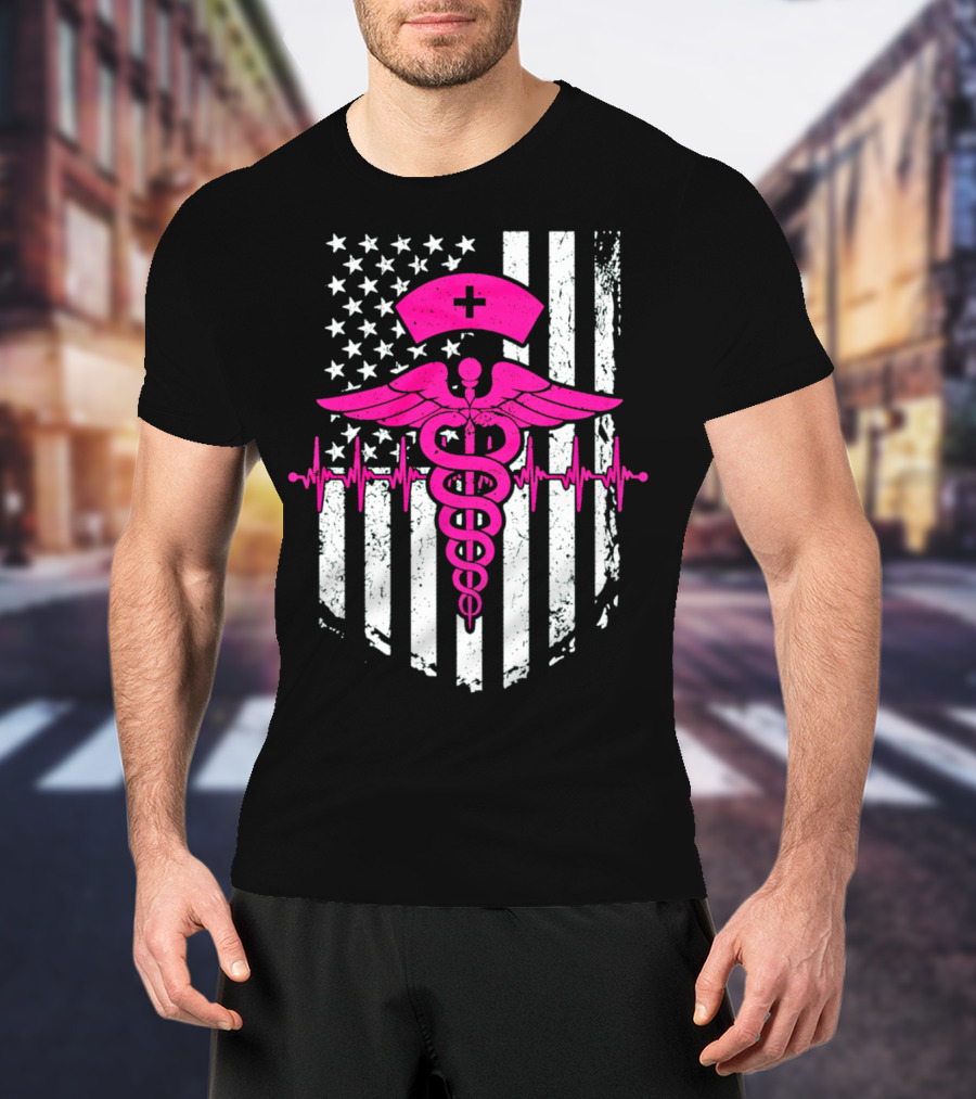 Nurse Pink Caduceus With USA Flag And Heartbeat T-Shirt