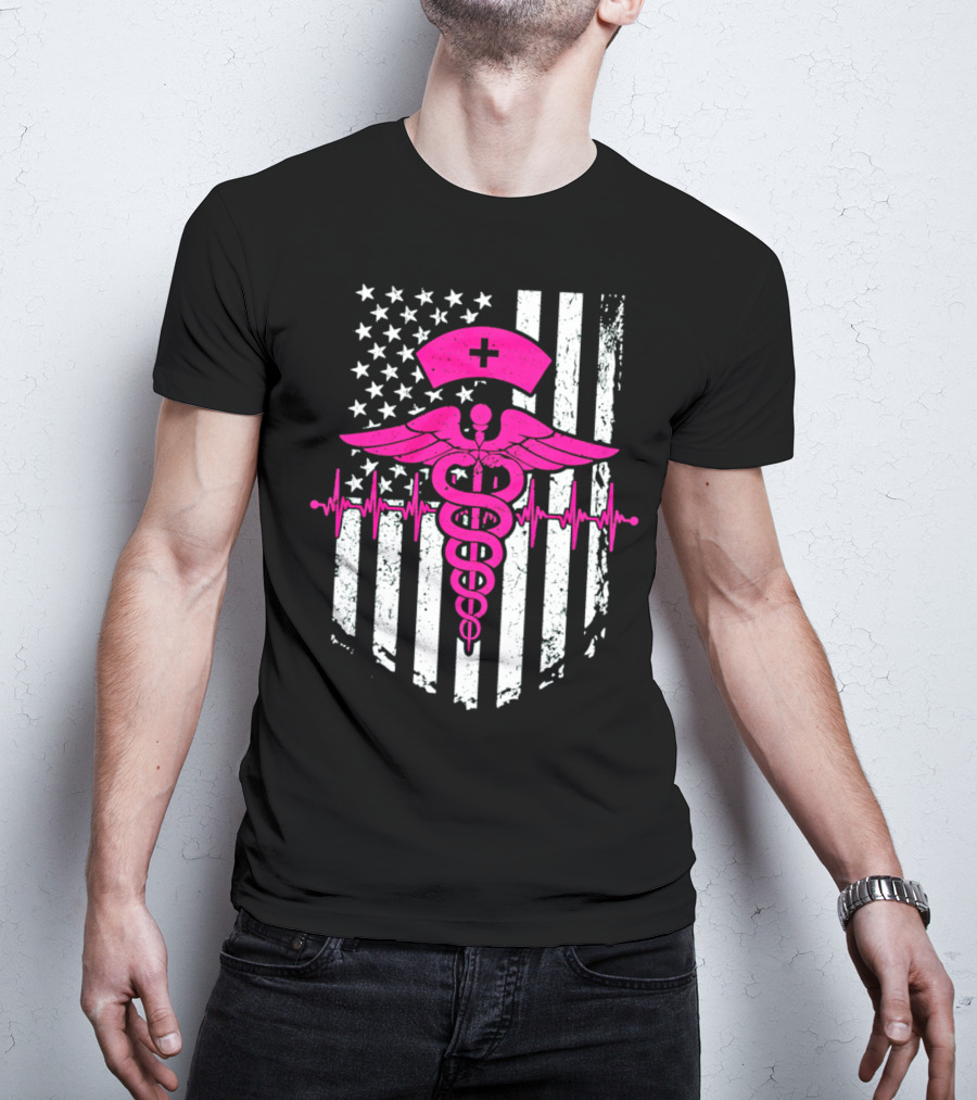 Nurse Pink Caduceus With USA Flag And Heartbeat T-Shirt
