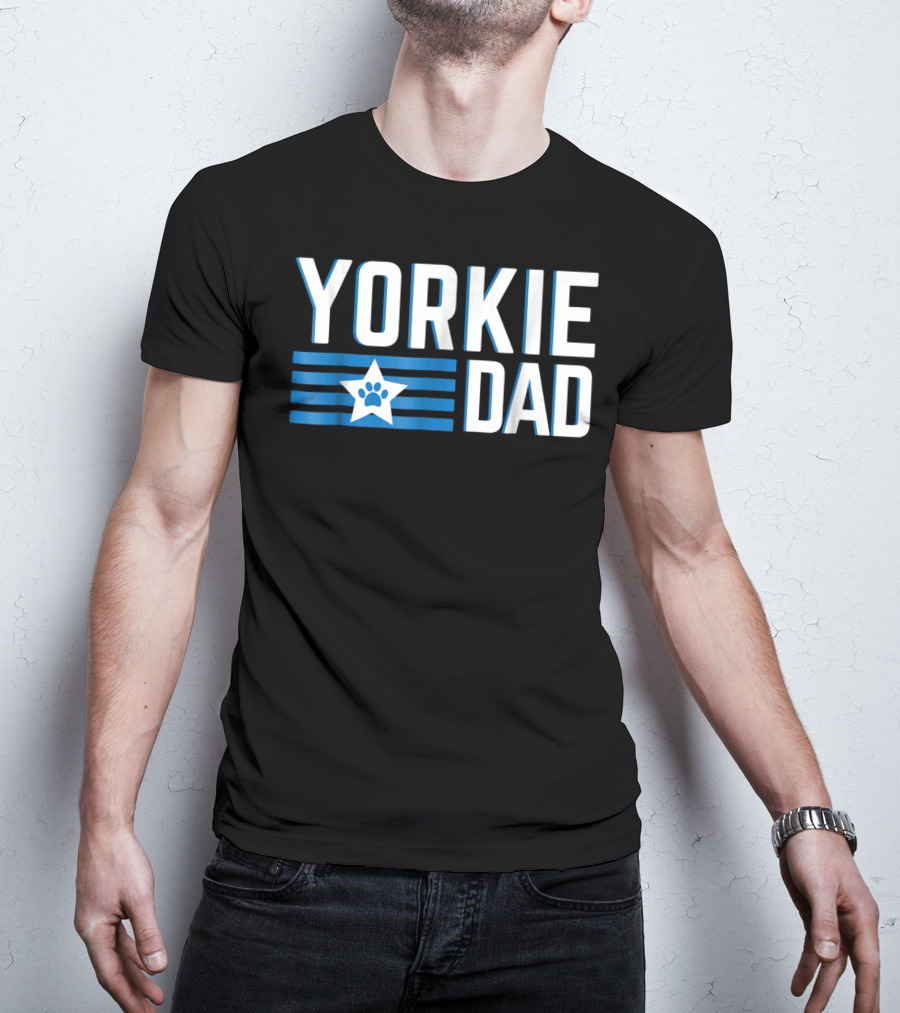 Yorkie Dad Yorkshire Terrier Dad Blue Paw Print Star T-Shirt