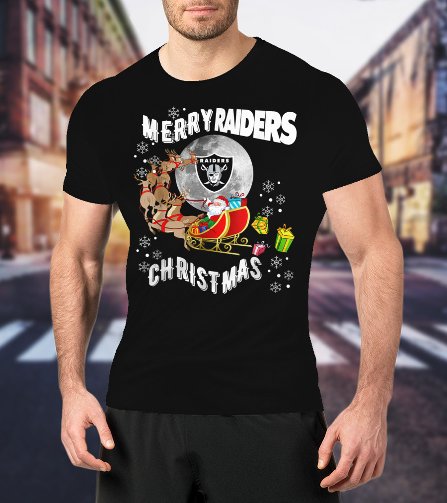 Merry Raiders Christmas Santa Sleigh Snowflakes Reindeer Presents T-Shirt