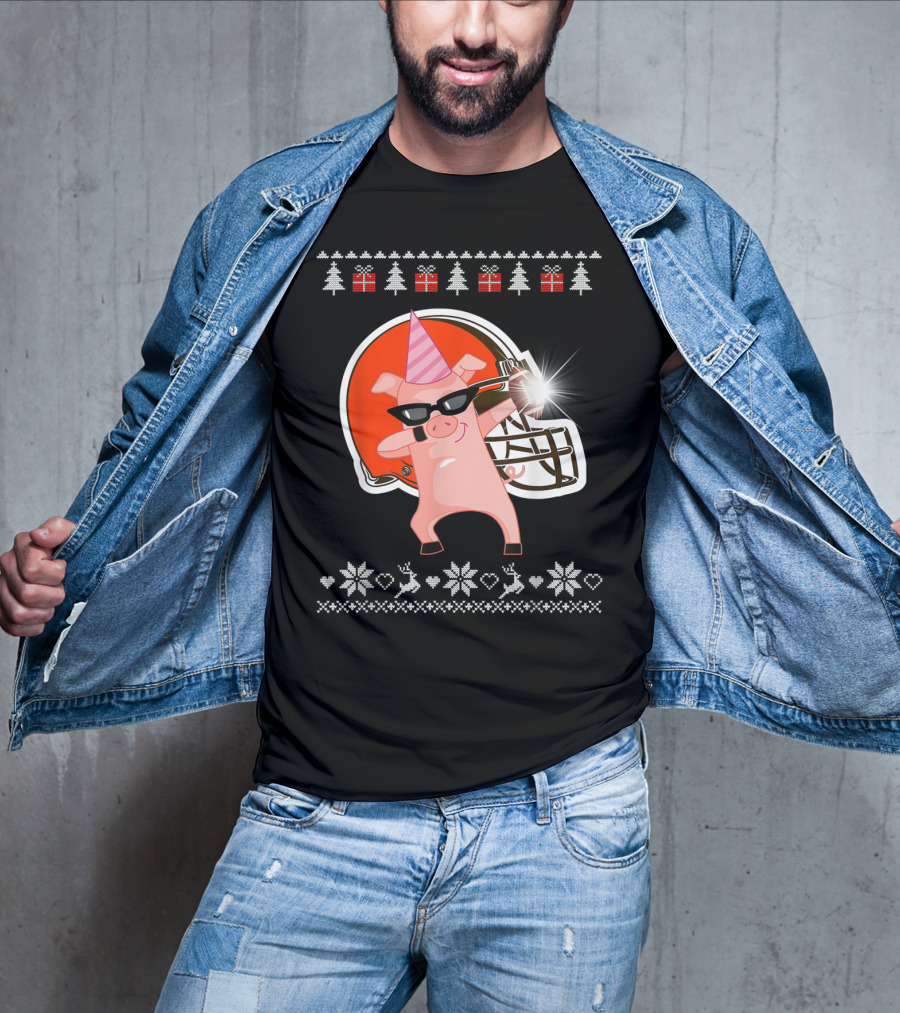 Merry Christmas Pig Dabbing Football Team Santa Hat Sunglasses Christmas Tree Reindeer Snowflakes T-Shirt