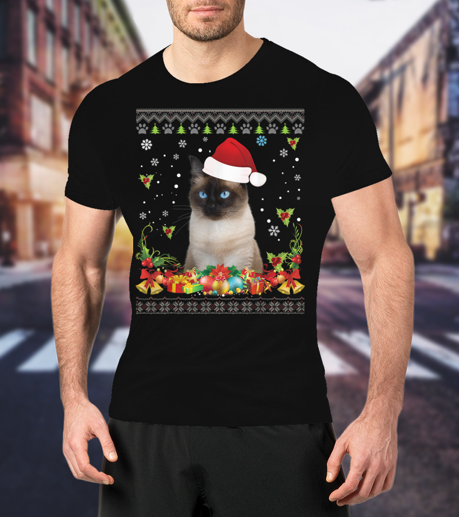 Merry Christmas Siamese Cat UglySweater Santa Hat Snowflake Ornaments T-Shirt