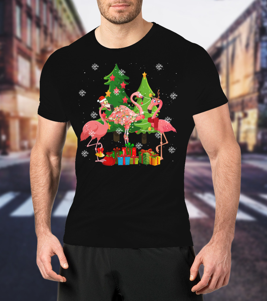 Merry Flocking Christmas Cute Flamingo Snowflake Presents T-Shirt