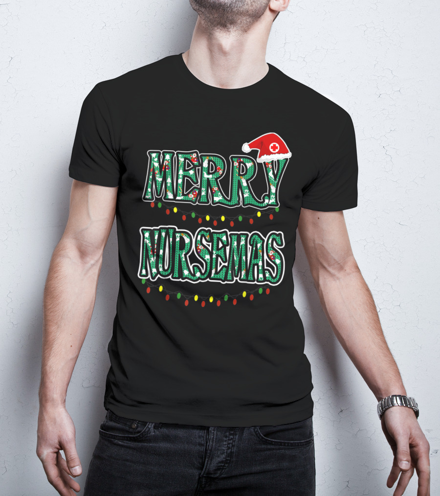 Merry Nursemas Christmas Santa Hat Lights T-Shirt