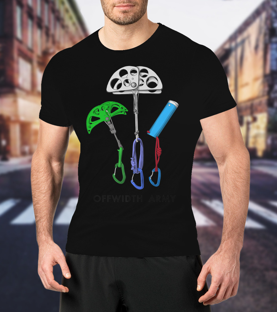 Offwidth Army Rock Climbing Gear Camming Devices And Nuts T-Shirt