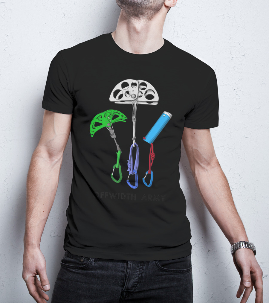 Offwidth Army Rock Climbing Gear Camming Devices And Nuts T-Shirt