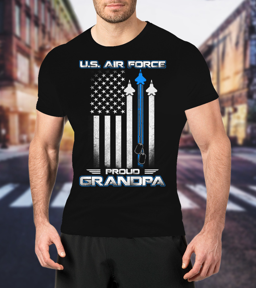 U.S. Air Force Proud Grandpa Flag And Fighter Jets With Dog Tags T-Shirt